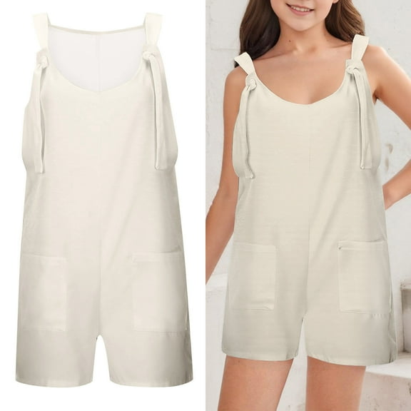Teen Jumpsuit Girl Girls Overalls Kids Casual Sleeveless Girls Overalls with Pockets Beige Jumpsuits Little Girl Clothes 13-14 Years