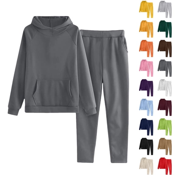 Teen Kids 2 Piece Hoodies Set Plain Pullover Hoodies Sweatpants Sweatsuits Boys Girls Cotton Soft Jogging Set,Dark Gray 15-16 Years