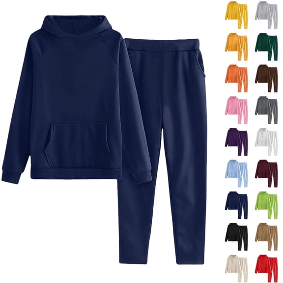 Teen Kids 2 Piece Hoodies Set Plain Pullover Hoodies Sweatpants Sweatsuits Boys Girls Cotton Soft Jogging Set,Navy 15-16 Years