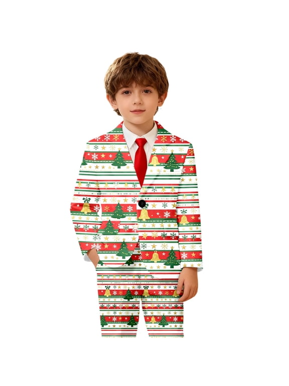 Kids Boys Christmas Tree Bell Suit Jacket Long Sleeve Button Down Warm Cozy Windproof Elegant Outerwear 13-14 Years