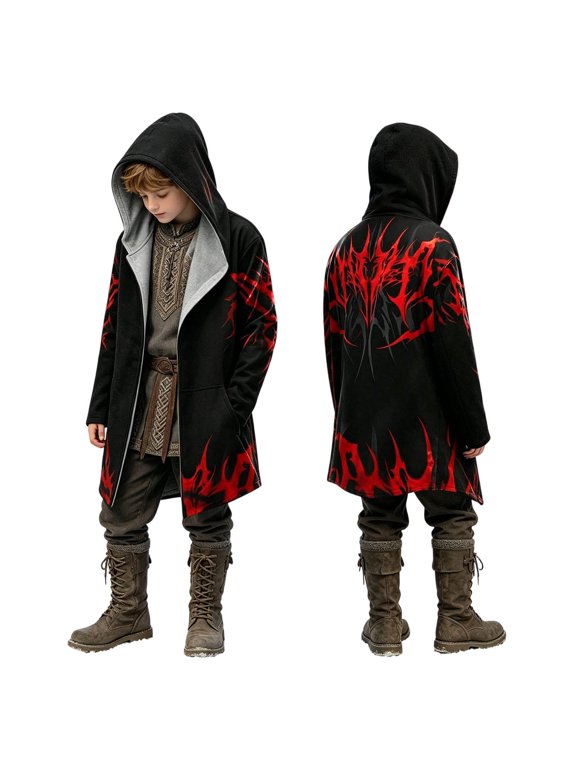 Kids Boys Graphic Flame Print Hooded Long Coat with Open Front for Winter Warm Outdoor Casual Outerwear Jacket 11-12 Years