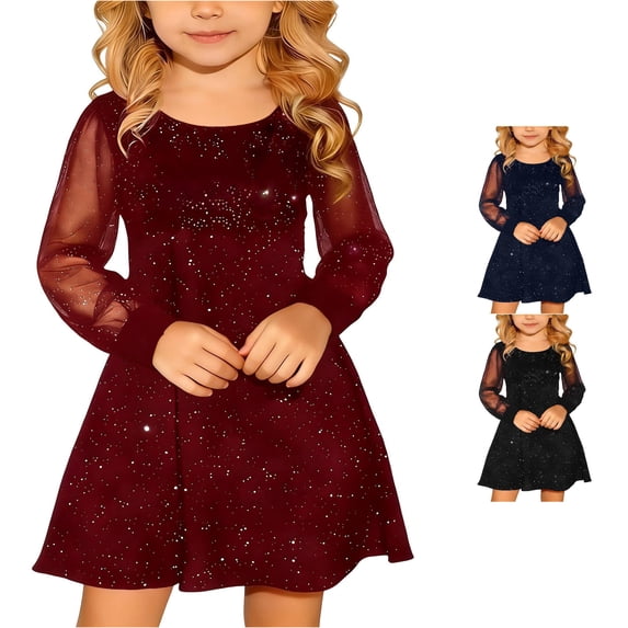 Teen Kids Girls Dresses Sheer Long Sleeve Crew Neck Sparkly A-Line Dress for Vacation Holiday Casual Fall Dress