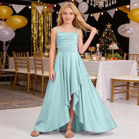 Teen Kids Girls Elegant Ruched Bodice Spaghetti Strap Sleeveless High-Low Maxi Dress for Party 11-12 Years