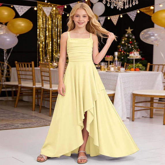 Teen Kids Girls Elegant Ruched Bodice Spaghetti Strap Sleeveless High-Low Maxi Dress for Party 13-14 Years