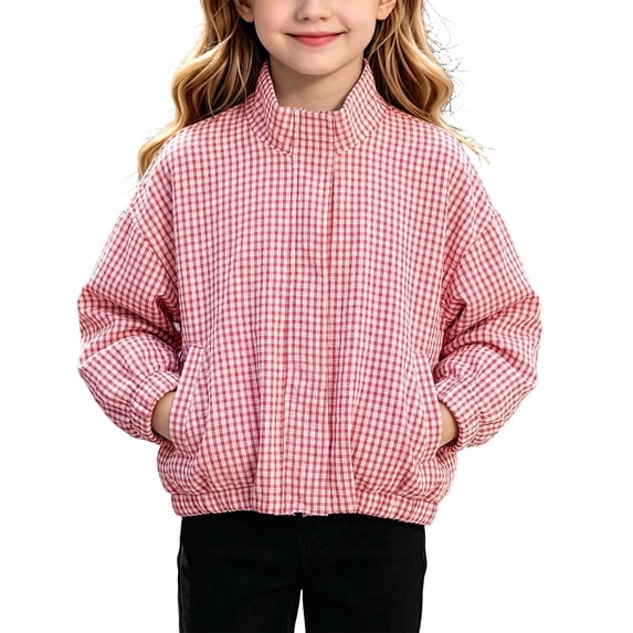 Teen Kids Girls Gingham Plaid Jacket Long Sleeve Zip Up Lightweight Windproof Classic Outerwear 12-13 Years