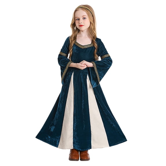 Teen Kids Girls Long Sleeve V-Neck Velvet A-Line Maxi Dress for Medieval Theme Party Halloween 14-16 Years
