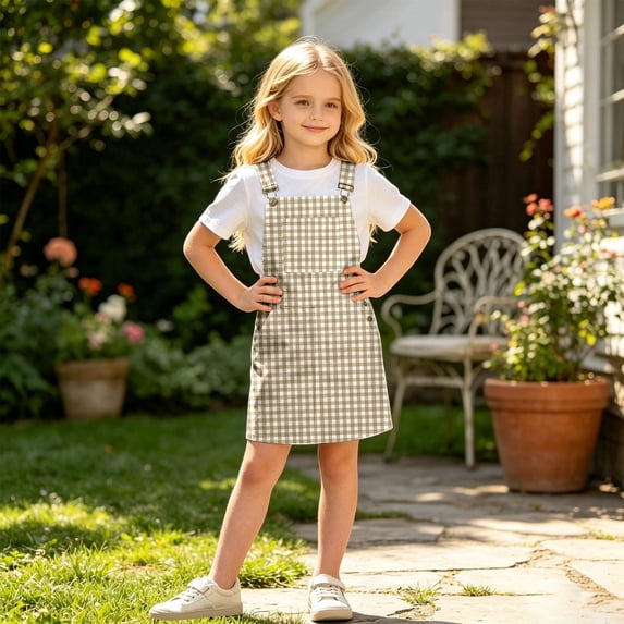Teen Kids Girls Sleeveless Square Neck Gingham Check Pinafore A-Line Mini Dress for Summer School Campus Casual Wear 12-13 Years