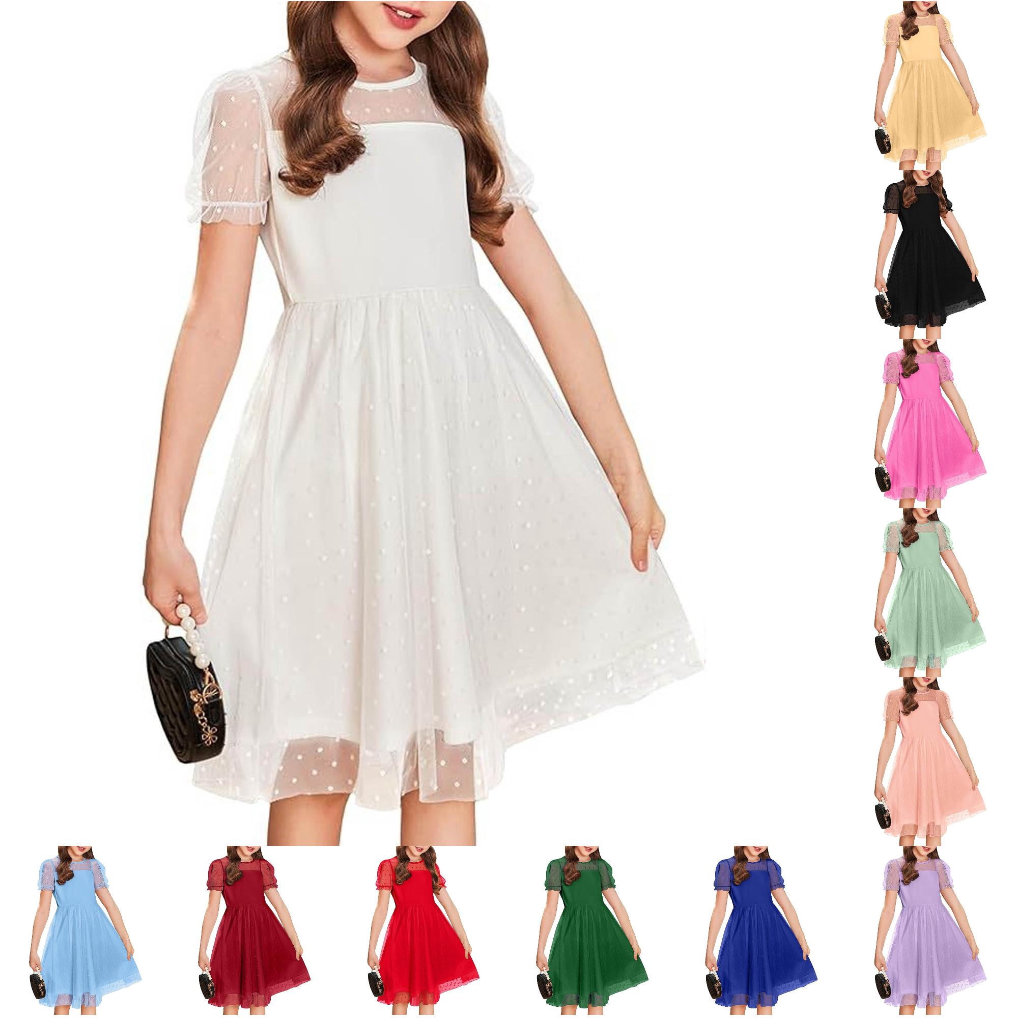 Teen Kids Girls Summer Dresses Solid Color Swiss Dot Print Short Sleeve ...