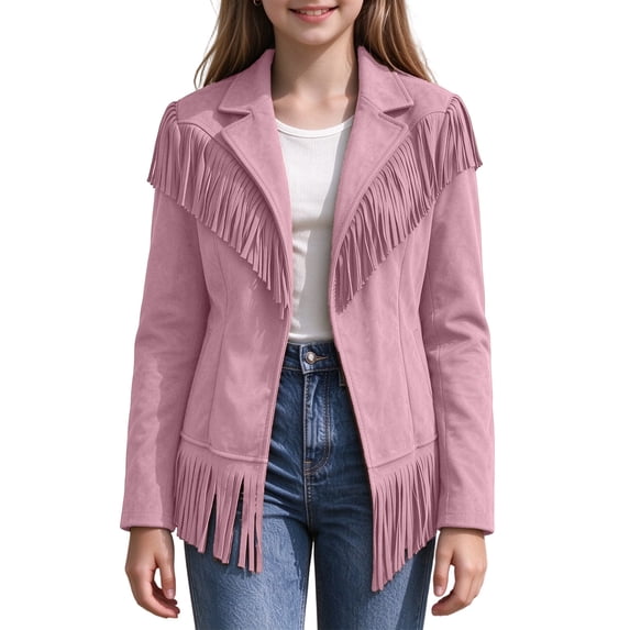 Kids Girls Toddler Fringe Suede Moto Jacket Long Sleeve Open Front Warm Cozy Windproof Western Utility Outerwear 11-12 Years