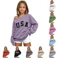 thumbnail image 1 of Kids Girls USA Graphic Sweatshirt Letter Print Long Sleeve Boat Neck Loose Fit Casual Pullover Top 11-12 Years, 1 of 4
