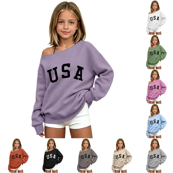 Kids Girls USA Graphic Sweatshirt Letter Print Long Sleeve Boat Neck Loose Fit Casual Pullover Top 11-12 Years