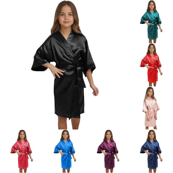 Teen Kids Kids Girls Bath Robe Outfits Soft Silky Solid with Belt 3/4 Sleeve Cozy Homewear Bathrobe Sleepwear 11-12 Years
