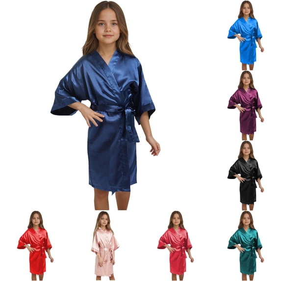 Teen Kids Kids Girls Bath Robe Outfits Soft Silky Solid with Belt 3/4 Sleeve Cozy Homewear Bathrobe Sleepwear 11-12 Years