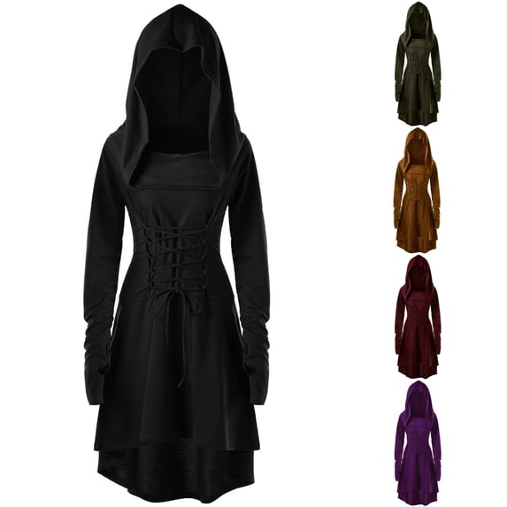 Laceh Color Teen Kids Women Gothic Dresses Solid Color Lace-Up Print Long Sleeve ...