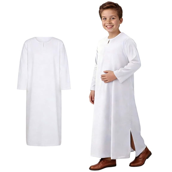 Teen Muslim Thobe for Boys Long Sleeve White Long Thobe Boys Eid Outfits Boys 11-12 Years Clothes
