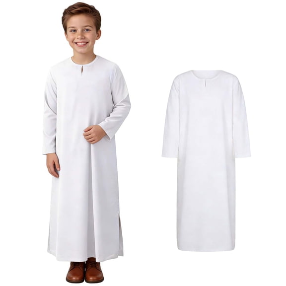 Teen Thobe for Kids Long Sleeve White Long Thobe Boys Eid Outfits Boy Shirts Size 11-12 Years