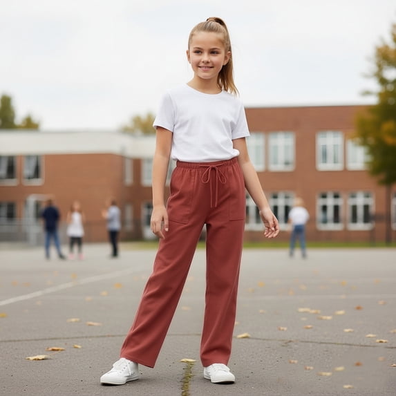 Pants for Boys Girls Linen Pants Elastic Waist Straight Leg Brick Red Sweatpants Kids Boys Uniform Pants 14-15 Years