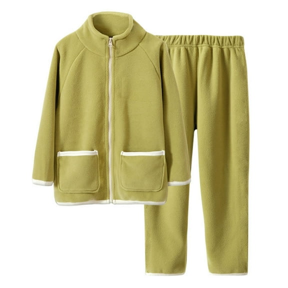 Teen Polar Fleece Pajama 2 Pieces Set Long Sleeve Sleepwear Full Zipper Up Loungewear Soft Pj Set with Pockets Long Pants Warm Outfits (Light Green,13-14 Years)