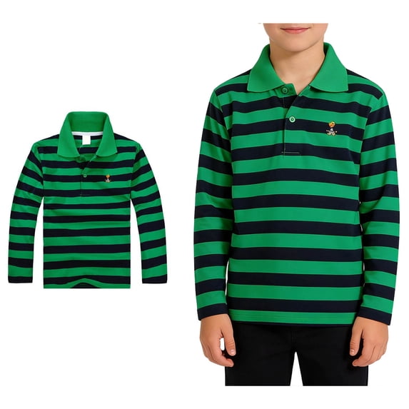 Polo Shirt Boys Long Sleeve Boys Cute Embroidered Striped Button up Shirt School Clothes Kids Summer Casual Shirts Boys Size 10-11 Years Shirts
