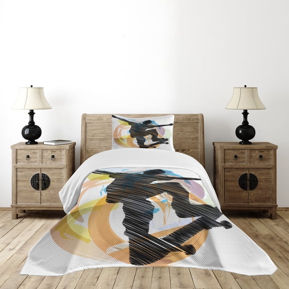 Teen Room Bedspread, Abstract Grunge Sketch Art of a Skater Young Boy Exotic Sports Graphic, Decorative Quilted 2 Piece Coverlet Set with Pillow Sham, Twin Size, Multicolor, by Ambesonne