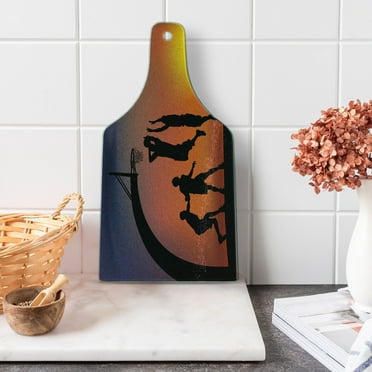 Teen Room Cutting Board, Boys Playing Basketball at Sunset Horizon Sky Dramatic Scenery, Decorative Tempered Glass Cutting and Serving Board, Wine Bottle Shape, Dark Coral Black Yellow, by Ambesonne