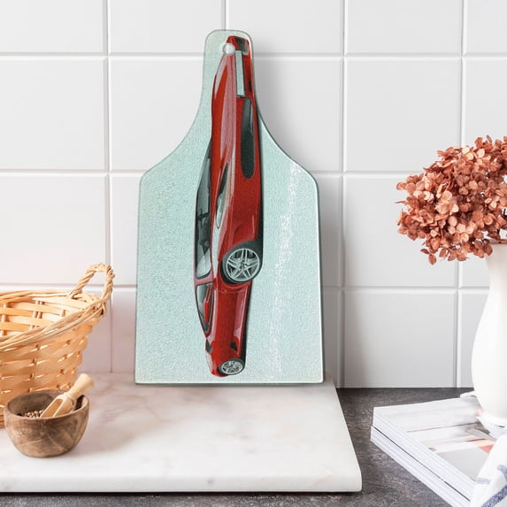Teen Room Cutting Board, Italian Super Car Modern Style New Automobile European Design, Decorative Tempered Glass Cutting and Serving Board, Wine Bottle Shape, Red and Charcoal Grey, by Ambesonne