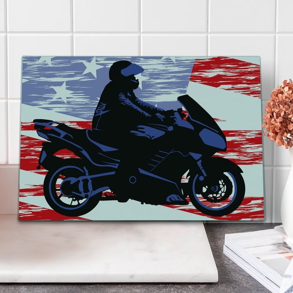 Teen Room Cutting Board, Man on Motorcycle Riding American Flag Backdrop National United States Grunge, Decorative Tempered Glass Cutting and Serving Board, Large Size, Multicolor, by Ambesonne