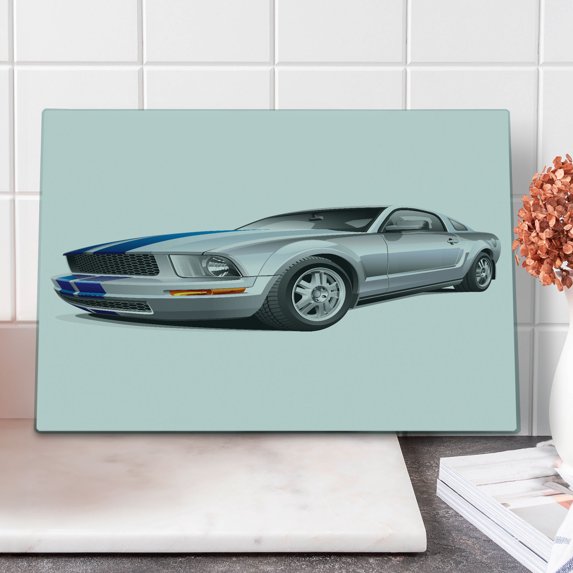 Teen Room Cutting Board, Modern Cool Car Automobile Speed Fast Vehicle Illustration Print, Decorative Tempered Glass Cutting and Serving Board, Large Size, Grey Grey Blue, by Ambesonne