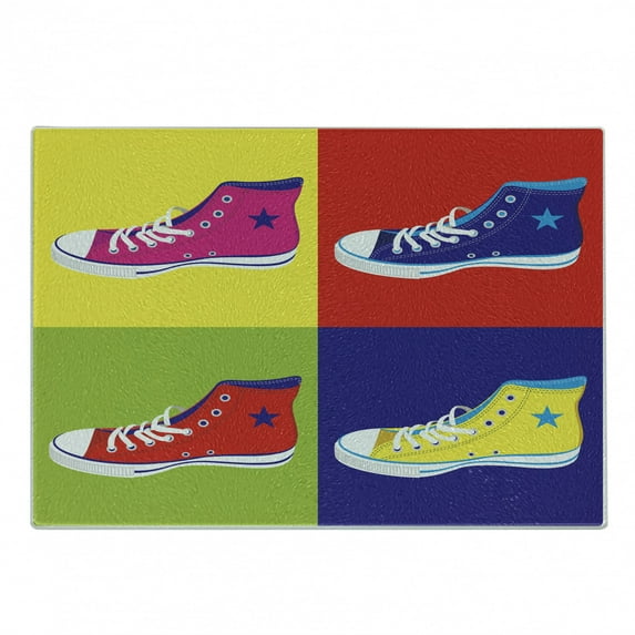 Teen Room Cutting Board, Retro Style Sport Shoes in Various Colors Background Culture Graphic Print, Decorative Tempered Glass Cutting and Serving Board, Small Size, Multicolor, by Ambesonne