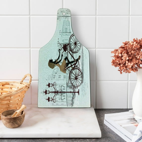 Teen Room Cutting Board, Young Girl in Paris Streets Bicycle French Style Display, Decorative Tempered Glass Cutting and Serving Board, Wine Bottle Shape, Brown Chestnut Brown, by Ambesonne