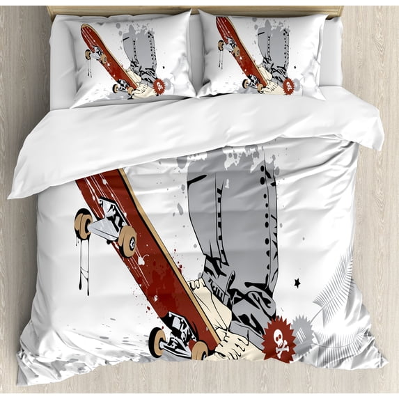 Teen Room Decor King Size Duvet Cover Set, Skateboard with Boy Feet in Sneakers and Jeans Illustration, Decorative 3 Piece Bedding Set with 2 Pillow Shams, Grey Cream Chestnut Brown, by Ambesonne