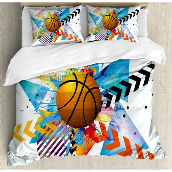 Teen Room Decor Queen Size Duvet Cover Set, Basketball in front of Zigzag Circular Geometric Minimalist Forms Graphic, Decorative 3 Piece Bedding Set with 2 Pillow Shams, Multicolor, by Ambesonne