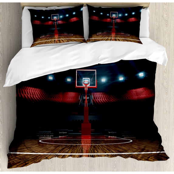 Teen Room Decor Queen Size Duvet Cover Set, Professional Basketball Arena Stadium before Game Championship Sports Image, Decorative 3 Piece Bedding Set with 2 Pillow Shams, Multicolor, by Ambesonne