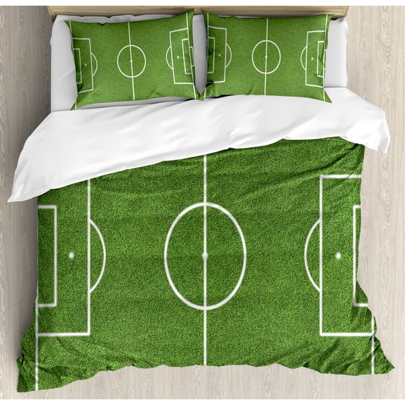 Teen Room Decor Queen Size Duvet Cover Set, Soccer Field Grass Motif Stadium Game Match Winner Sports Area Print, Decorative 3 Piece Bedding Set with 2 Pillow Shams, Fern Green White, by Ambesonne
