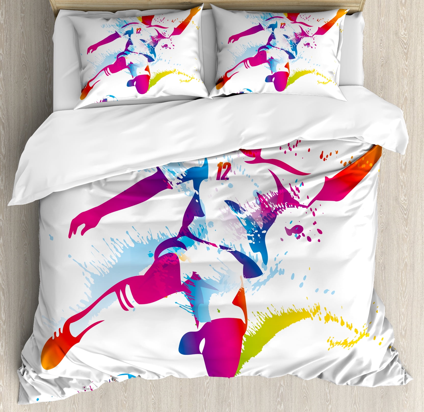 Queen Multicolor Microfiber Soccer Player Duvet Cover Set
