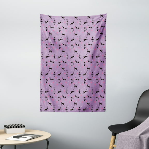 Teen Room Decor Tapestry, Little Kittens Pattern with Heart Figures Caricature Fun Cat Cartoon, Wall Hanging for Bedroom Living Room Dorm Decor, 40W X 60L Inches, Violet Pink Black, by Ambesonne