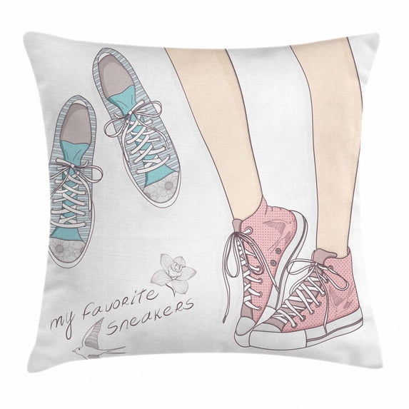 Teen Room Decor Throw Pillow Cushion Cover, Fashionable Pair of Shoes in Young Girl Feet with Floral Pattern, Decorative Square Accent Pillow Case, 16 X 16 Inches, Peach Light Pink Mint, by Ambesonne