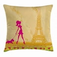 thumbnail image 1 of Teen Room Decor Throw Pillow Cushion Cover, Pink Silhouette of A Girl with the Dog Eiffel Tower in Paris Design, Decorative Square Accent Pillow Case, 18 X 18 Inches, Apricot Hot Pink, by Ambesonne, 1 of 2