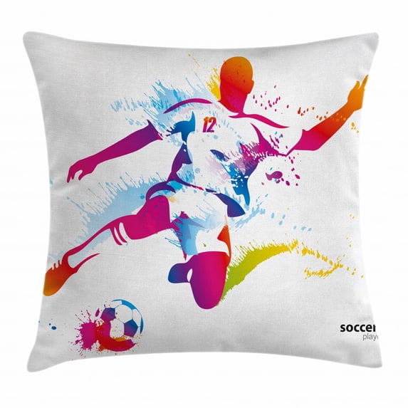 Teen Room Decor Throw Pillow Cushion Cover, Soccer Player Kicks the Ball Watercolor Style Spray Championship Image, Decorative Square Accent Pillow Case, 16 X 16 Inches, Multicolor, by Ambesonne
