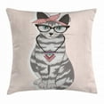 thumbnail image 1 of Teen Room Decor Throw Pillow Cushion Cover, Stylish Kitty Cat with Glasses Tribal Necklace Clasp Fashion Design, Decorative Square Accent Pillow Case, 24 X 24 Inches, Light Pink Grey, by Ambesonne, 1 of 2