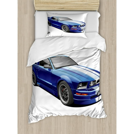 Teen Room Decor Twin Size Duvet Cover Set, American Auto Racing Car Sports Competition Speed Winner Boys Kids Graphic, Decorative 2 Piece Bedding Set with 1 Pillow Sham, Blue Grey, by Ambesonne