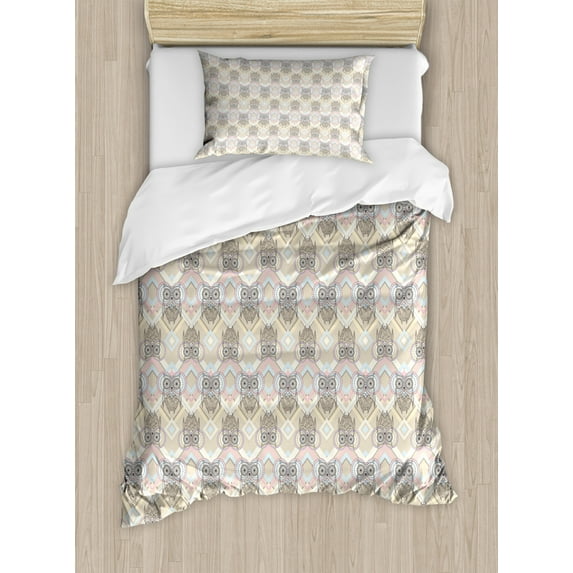 Teen Room Decor Twin Size Duvet Cover Set, Big Eyed Owl Icons on Striped Abstract Geometric Pattern Native Elements, Decorative 2 Piece Bedding Set with 1 Pillow Sham, Multicolor, by Ambesonne