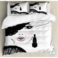 thumbnail image 1 of Teen Room Duvet Cover Set, Baroque Abstract Woman Face and Patterned Hat Old Fashioned Design, Decorative 3 Piece Bedding Set with 2 Pillow Shams, King Size, Charcoal Grey Pale Pink, by Ambesonne, 1 of 3