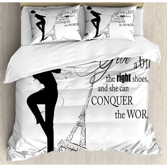 Teen Room Duvet Cover Set King Size, Dancing Masculine Fashion Woman by Eiffel Tower and Motivational Quote Print, Decorative 3 Piece Bedding Set with 2 Pillow Shams, Black White, by Ambesonne