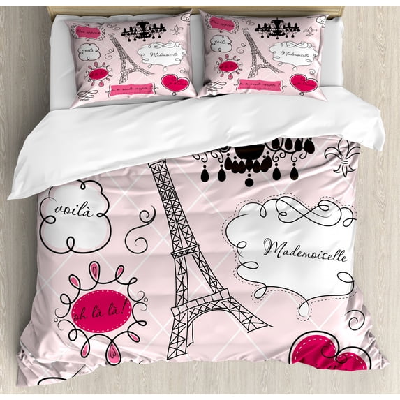 Teen Room Duvet Cover Set King Size, Doodle Frames in French Style Rococo Baroque Lantern Mademoiselle Print, Decorative 3 Piece Bedding Set with 2 Pillow Shams, Hot Pink and Black, by Ambesonne