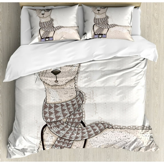 Teen Room Duvet Cover Set King Size, Hipster Lama Figure with Hair Style and Camera Artist Animal Humorous Graphic, Decorative 3 Piece Bedding Set with 2 Pillow Shams, Beige Tan, by Ambesonne