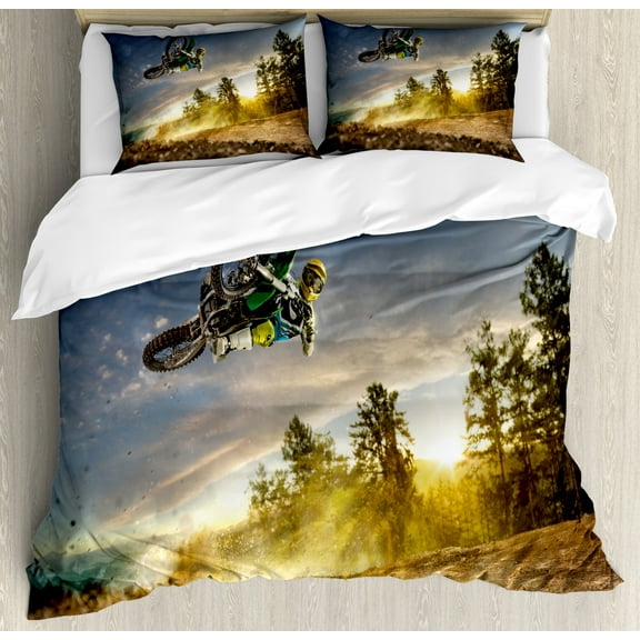 Teen Room Duvet Cover Set King Size, Man on the Bike Racing in Earth Path Nature and Exotic Sports Success Theme Image, Decorative 3 Piece Bedding Set with 2 Pillow Shams, Multicolor, by Ambesonne