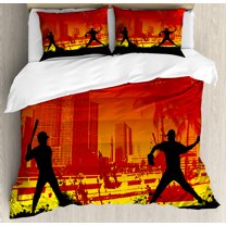 Teen Room Duvet Cover Set, Men Playing Baseball in the Town City Park Tall Buildings Urban Scenery, Decorative 3 Piece Bedding Set with 2 Pillow Shams, Calking Size, Red Yellow Black, by Ambesonne