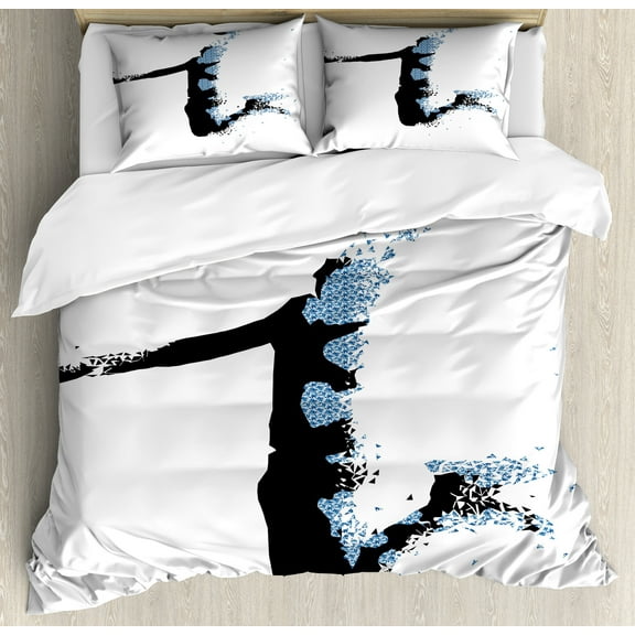 Teen Room Duvet Cover Set, Modern and Basketball Player in Fractal Pattern Design, Decorative 3 Piece Bedding Set with 2 Pillow Shams, Calking Size, Black Pale Blue, by Ambesonne