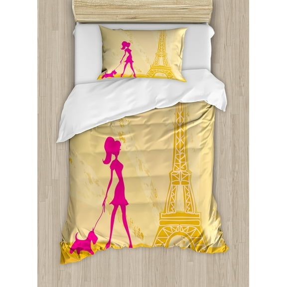 Teen Room Duvet Cover Set, Pink Silhouette of a Girl with the Dog Eiffel Tower in Paris Design, Decorative 2 Piece Bedding Set with 1 Pillow Shams, Twin Size, Apricot and Hot Pink, by Ambesonne